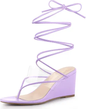Allegra K Women's Lace Up Clear Strap Flip Flops Wedge Sandals