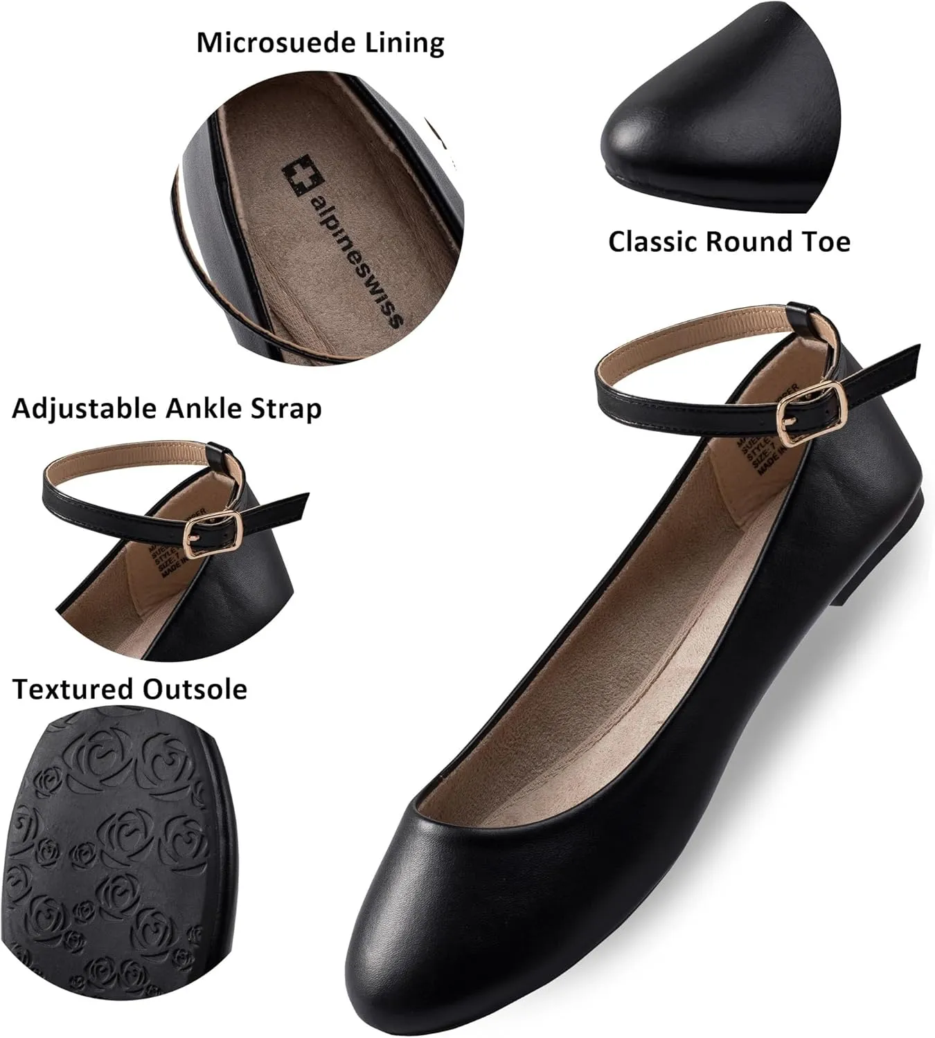 Alpine Swiss Calla Womens Ballet Flats Round Toe Ankle Strap Flat Shoes for Women Dressy Casual Ballerina Flats