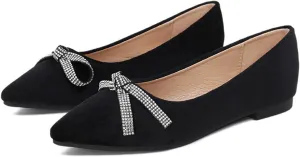 AMAZIDEAL Women's Rhinestone Bow Casual Flats,Suede Pointed Toe Slip-On Ballet Flat Shoes,Comfort Dress Wedding Party Shoes
