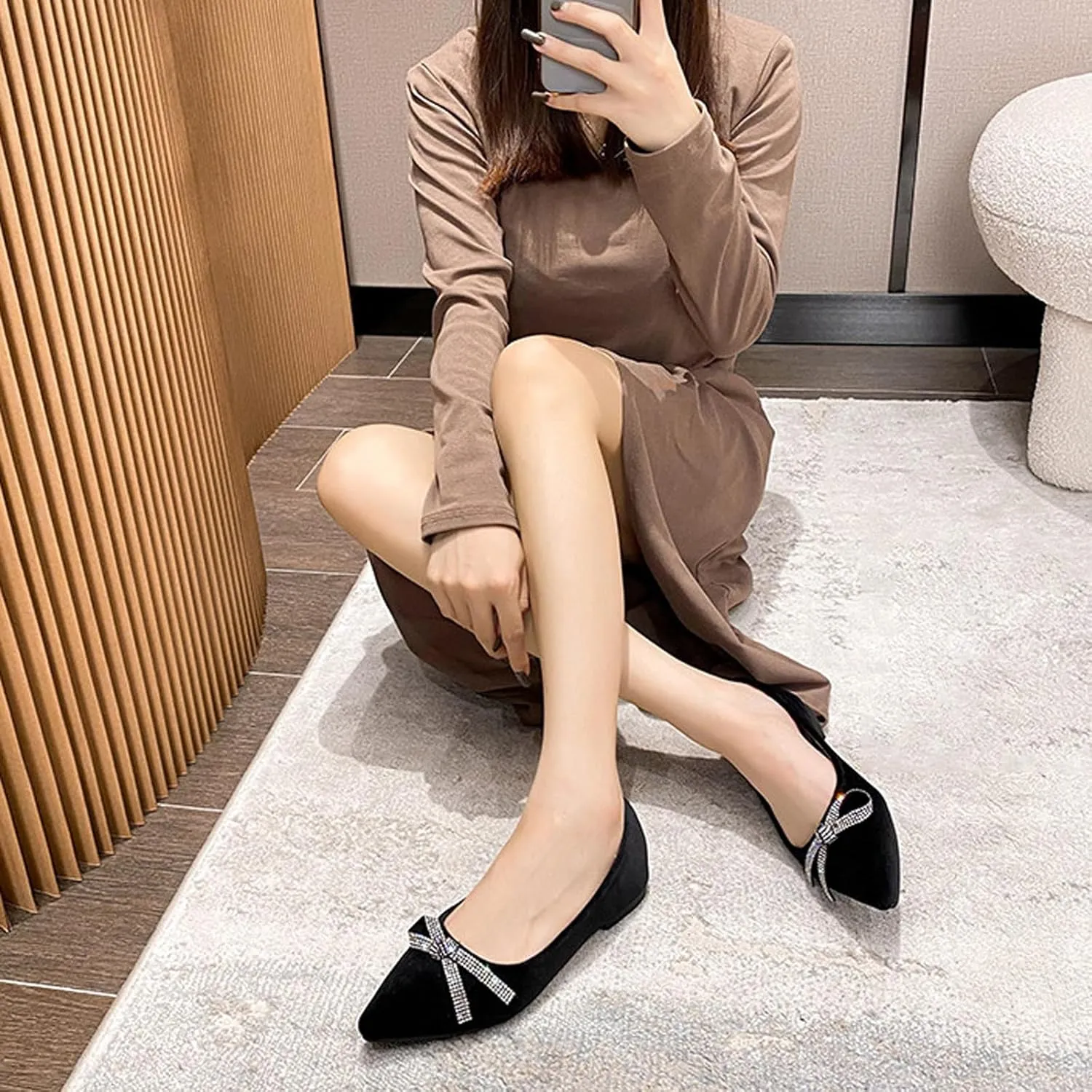AMAZIDEAL Women's Rhinestone Bow Casual Flats,Suede Pointed Toe Slip-On Ballet Flat Shoes,Comfort Dress Wedding Party Shoes
