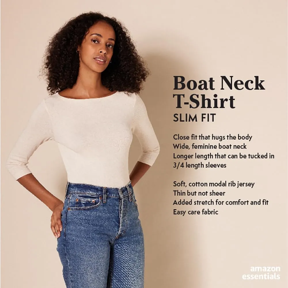 Amazon Essentials Women's Slim-Fit 3/4 Sleeve Boat Neck T-Shirt