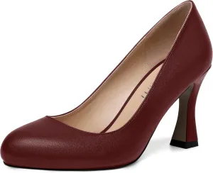 AMBELIGHT Womens Matte Solid Slip On Casual Evening Fashion Round Toe Chunky High Heel Pumps Shoes 3.3 Inch