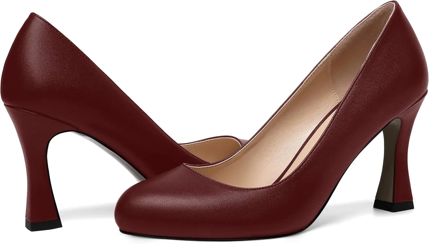 AMBELIGHT Womens Matte Solid Slip On Casual Evening Fashion Round Toe Chunky High Heel Pumps Shoes 3.3 Inch