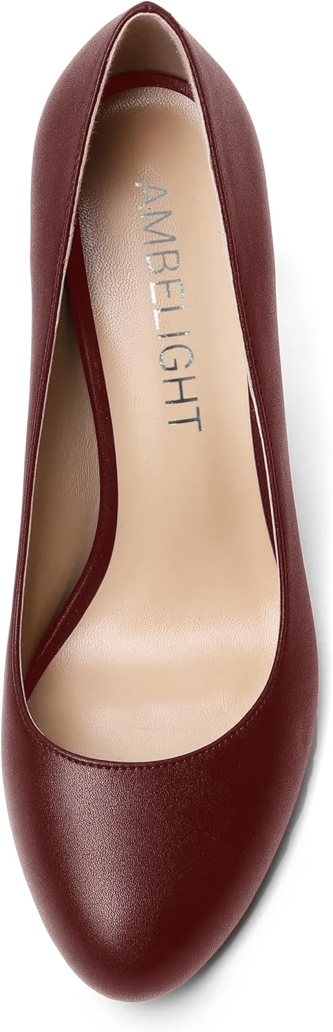 AMBELIGHT Womens Matte Solid Slip On Casual Evening Fashion Round Toe Chunky High Heel Pumps Shoes 3.3 Inch