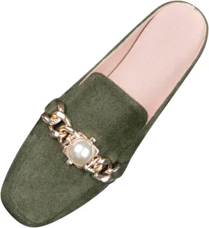 AMDBEL Flats Shoes Women Dressy Comfortable Womens Mules Backless Loafers with Metal Chain Decor Gem Pearl Slip On Flat Shoes