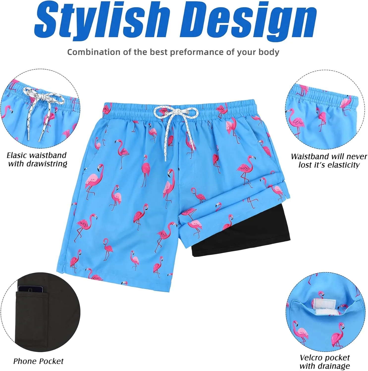 American Trends Men's Swim Trunks Board Shorts Quick Dry Mens Swimming Trunks with Compression Liner