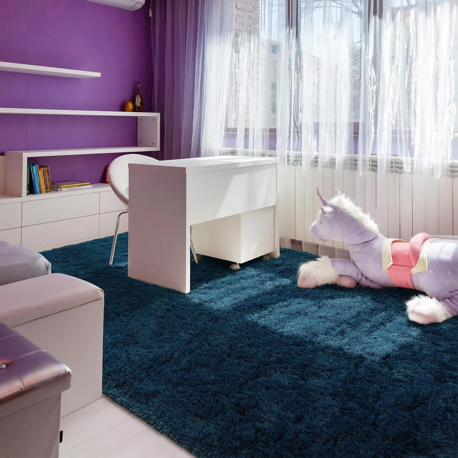 Andecor Shag Area Rug for Living Room, 4x6 Feet Navy Blue Soft Fluffy Indoor Plush Throw Rugs for Bedroom Girls Kids Room Nursery Dorm Home Decor Carpet