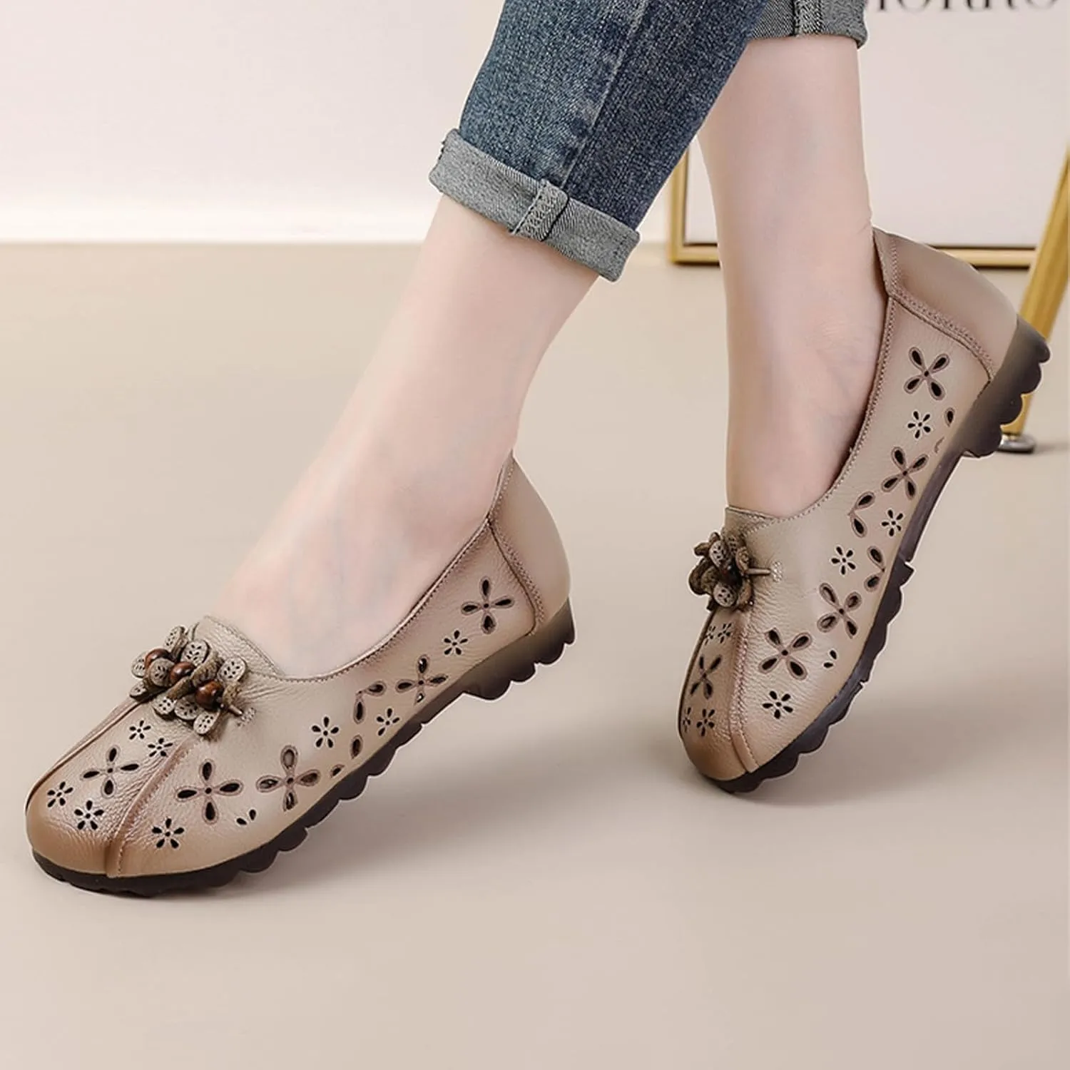 AngryMonkey Women's Leather Summer Arch Support Casual Shoes,Vintage Comfort Breathable Flower Soft Sole Slip on Walking Flats