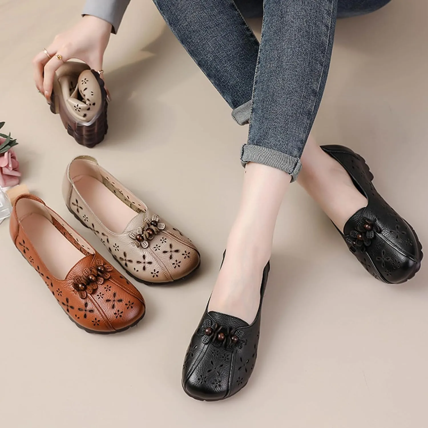 AngryMonkey Women's Leather Summer Arch Support Casual Shoes,Vintage Comfort Breathable Flower Soft Sole Slip on Walking Flats