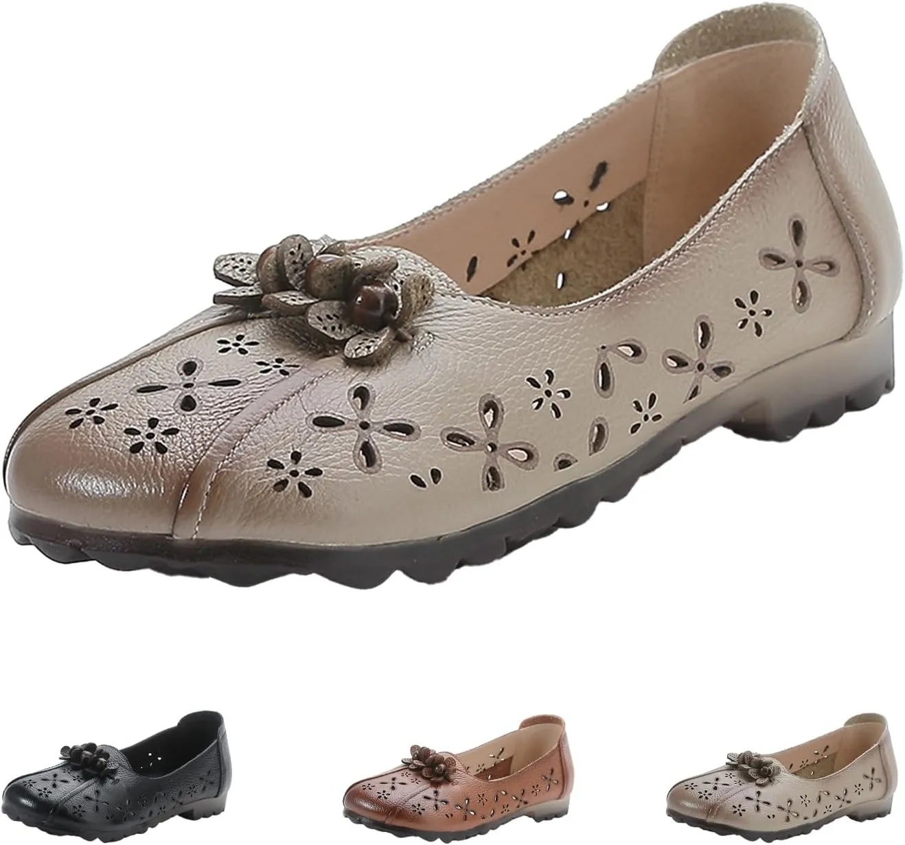AngryMonkey Women's Leather Summer Arch Support Casual Shoes,Vintage Comfort Breathable Flower Soft Sole Slip on Walking Flats