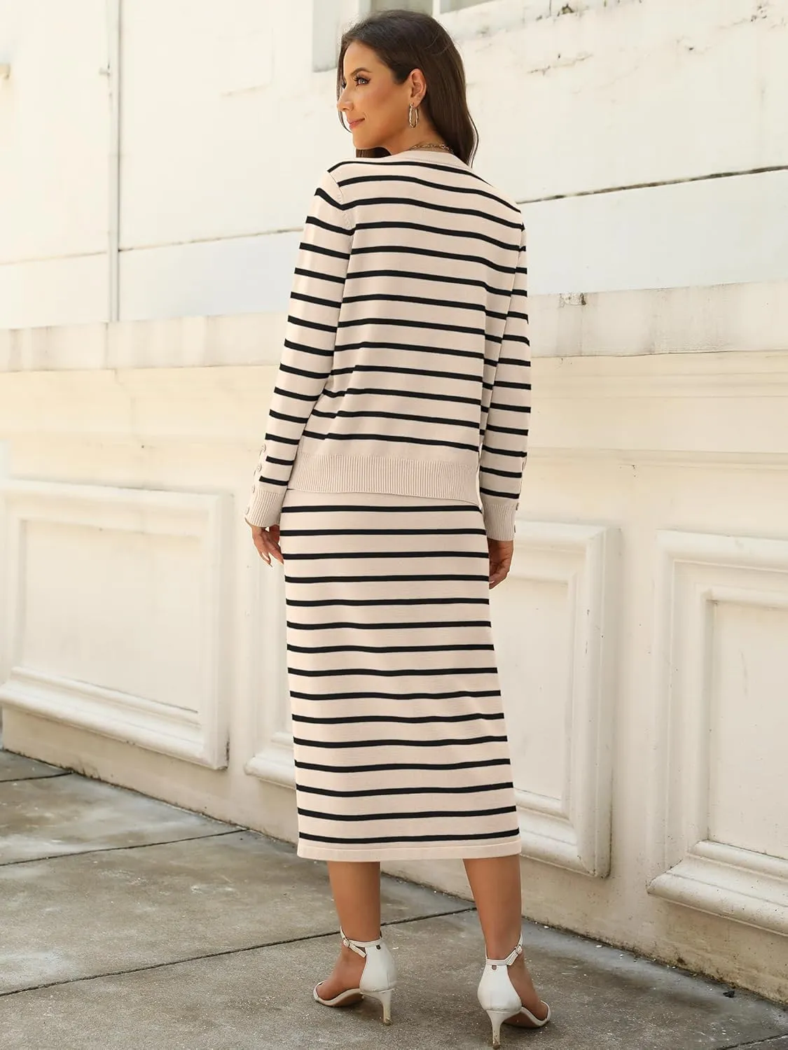 ANRABESS Women 2 Piece Outfits Striped Sweater Skirt Sets 2025 Fall Casual Long Sleeve Pullover Top Lounge Travel Midi Dress
