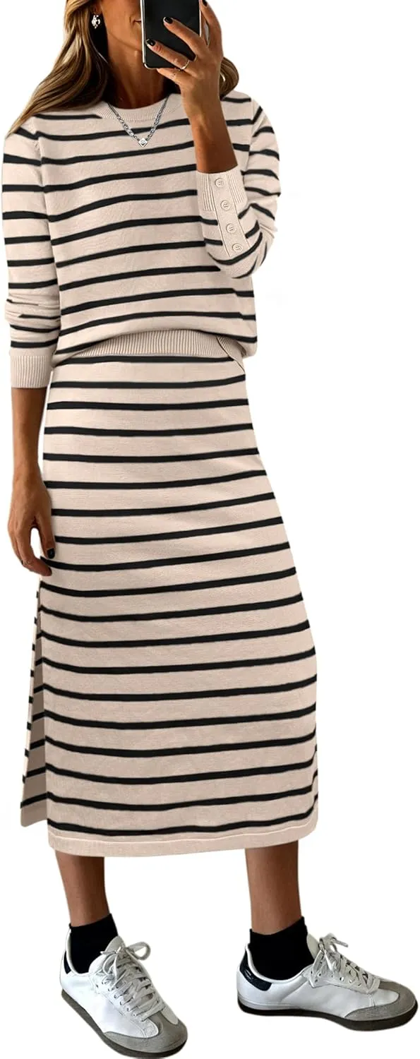 ANRABESS Women 2 Piece Outfits Striped Sweater Skirt Sets 2025 Fall Casual Long Sleeve Pullover Top Lounge Travel Midi Dress