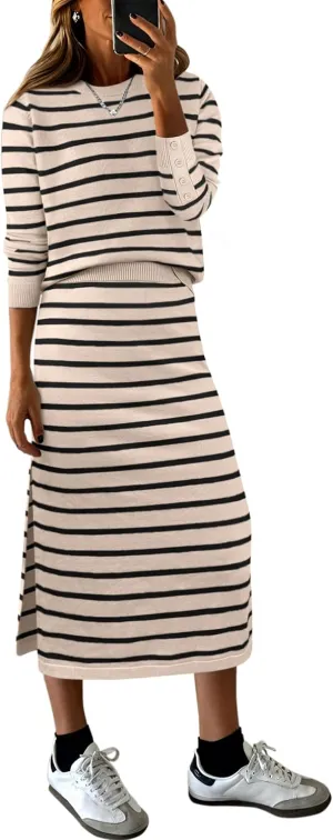ANRABESS Women 2 Piece Outfits Striped Sweater Skirt Sets 2025 Fall Casual Long Sleeve Pullover Top Lounge Travel Midi Dress