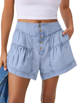 ANRABESS Women's Denim Shorts Summer Baggy High Waisted Flowy Wide Leg Buttons Pleated Casual Jean Shorts 2025 Fashion Skorts