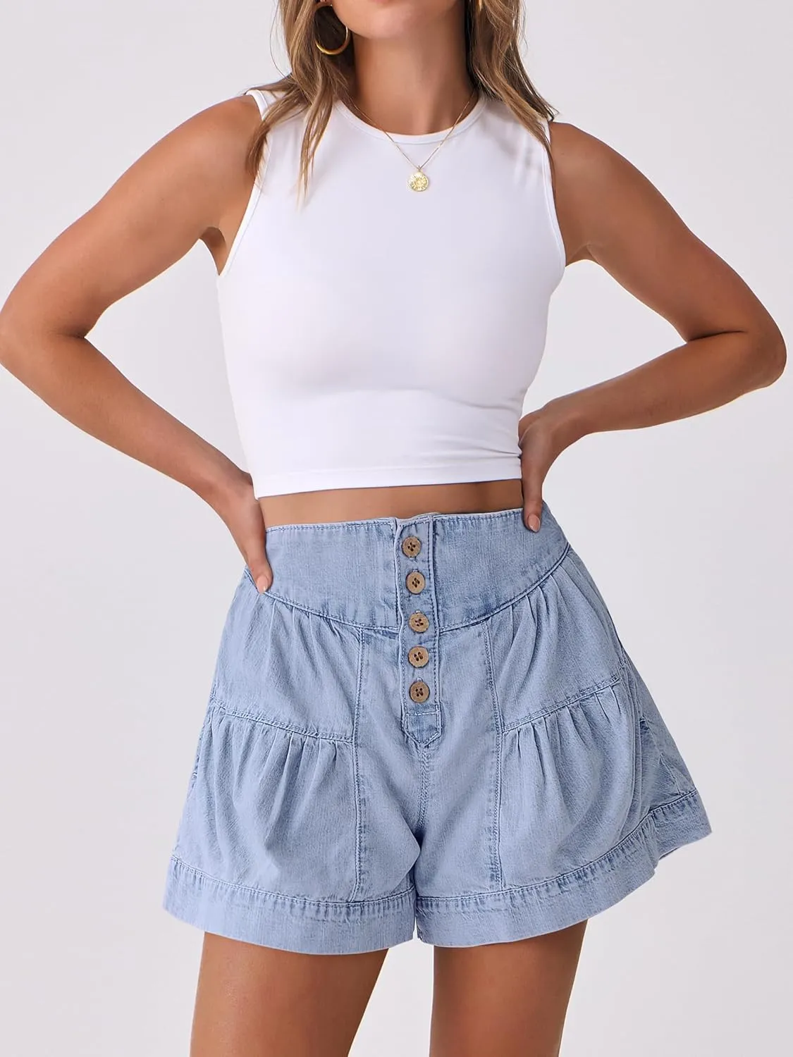 ANRABESS Women's Denim Shorts Summer Baggy High Waisted Flowy Wide Leg Buttons Pleated Casual Jean Shorts 2025 Fashion Skorts