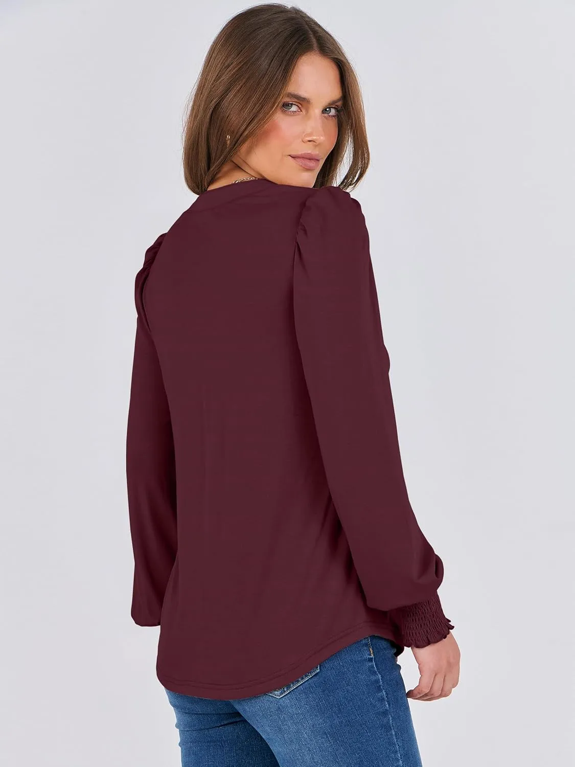ANRABESS Women's Puff Long Sleeve Shirts V Neck Loose T-Shirts Dressy Casual Work Blouses 2024 Fall Tops Trendy Clothes
