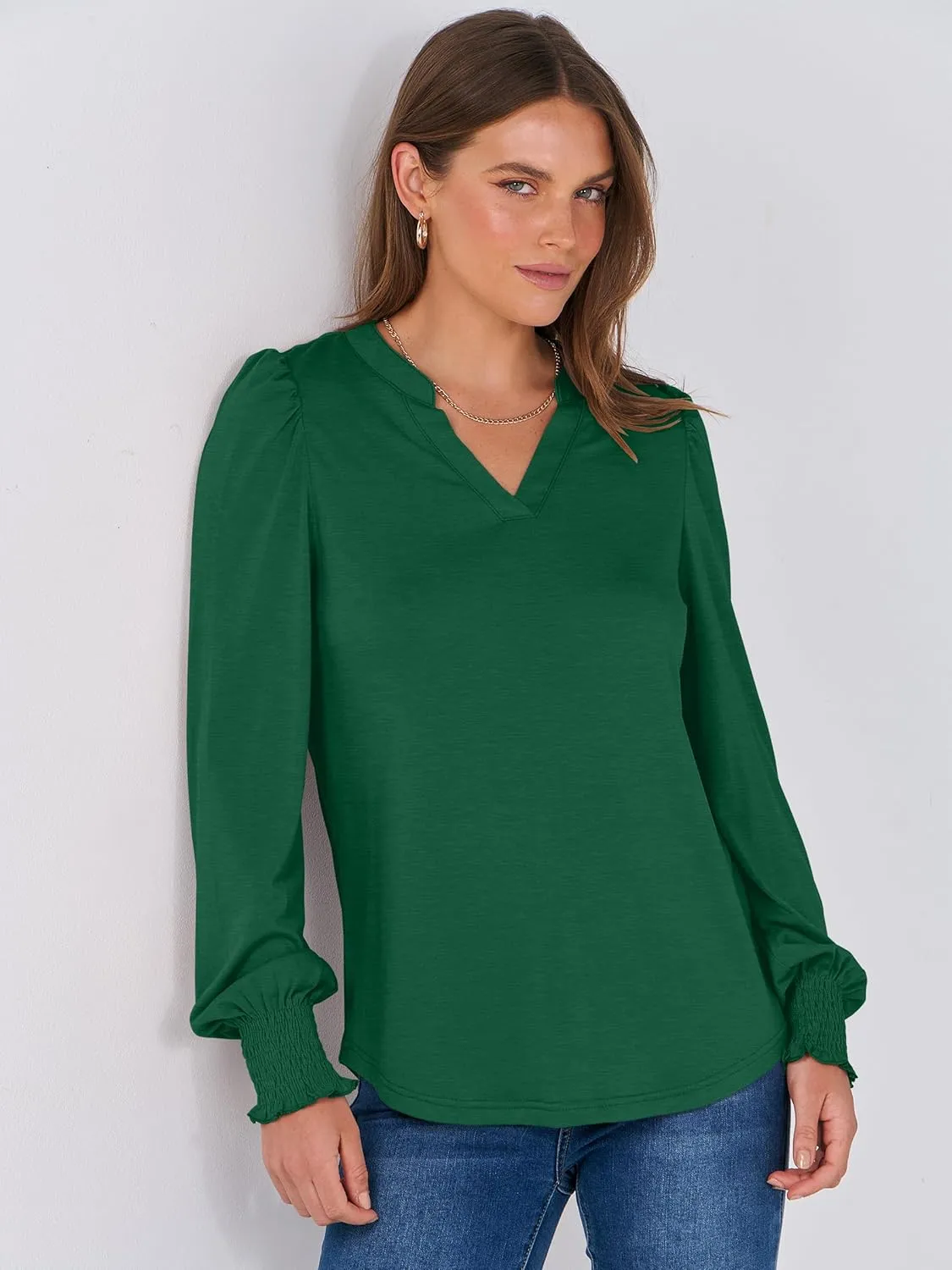 ANRABESS Women's Puff Long Sleeve Shirts V Neck Loose T-Shirts Dressy Casual Work Blouses 2024 Fall Tops Trendy Clothes