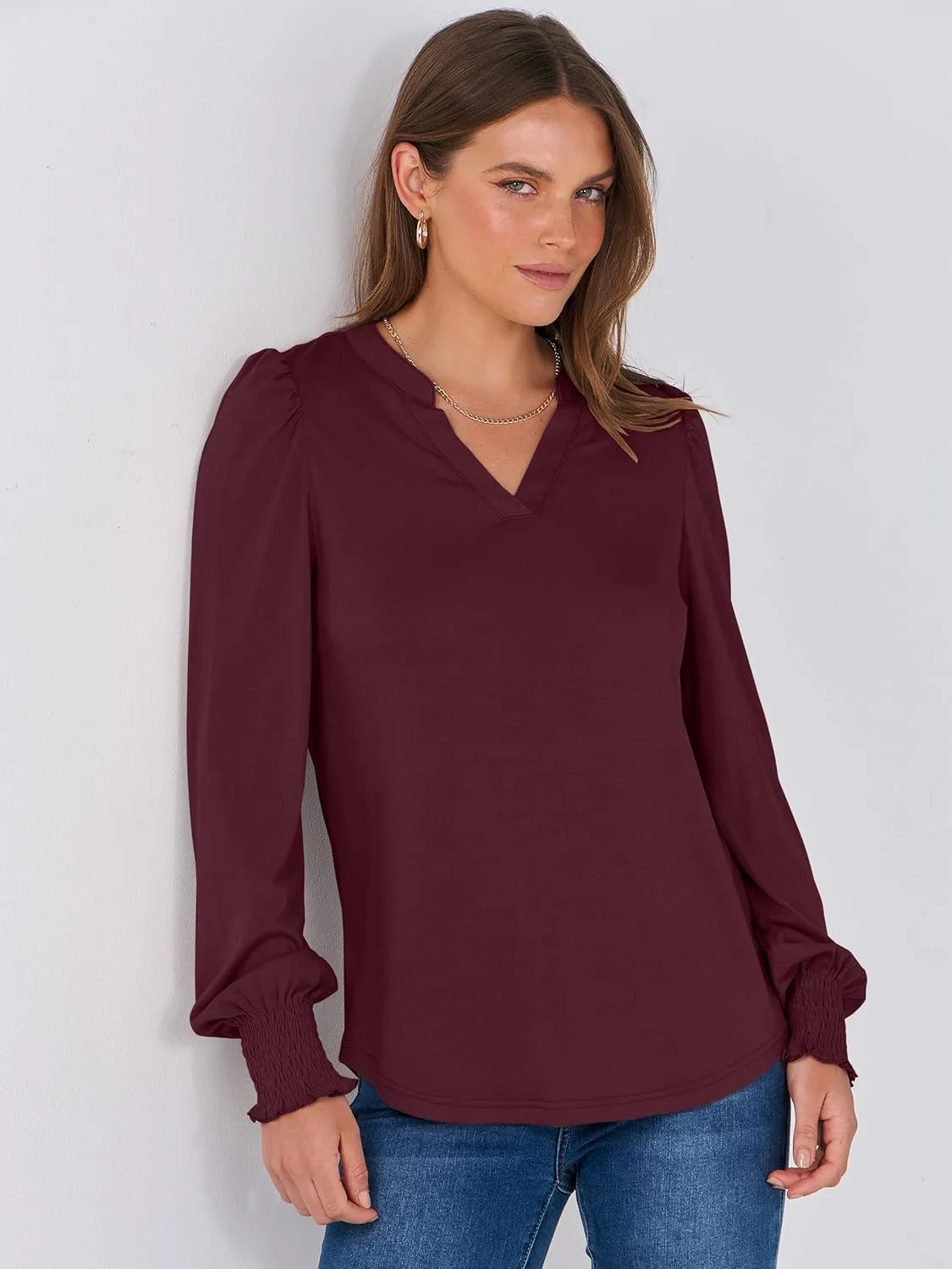 ANRABESS Women's Puff Long Sleeve Shirts V Neck Loose T-Shirts Dressy Casual Work Blouses 2024 Fall Tops Trendy Clothes