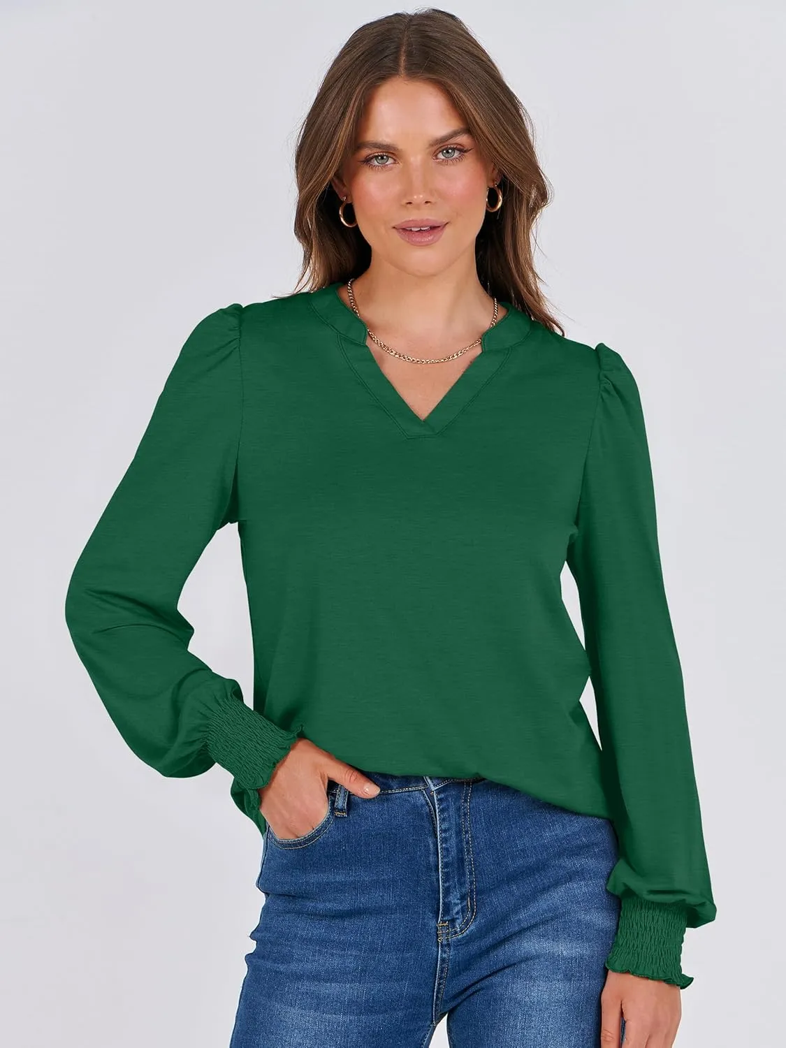 ANRABESS Women's Puff Long Sleeve Shirts V Neck Loose T-Shirts Dressy Casual Work Blouses 2024 Fall Tops Trendy Clothes