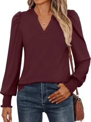 ANRABESS Women's Puff Long Sleeve Shirts V Neck Loose T-Shirts Dressy Casual Work Blouses 2024 Fall Tops Trendy Clothes