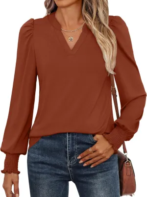 ANRABESS Women's Puff Long Sleeve Shirts V Neck Loose T-Shirts Dressy Casual Work Blouses 2024 Fall Tops Trendy Clothes