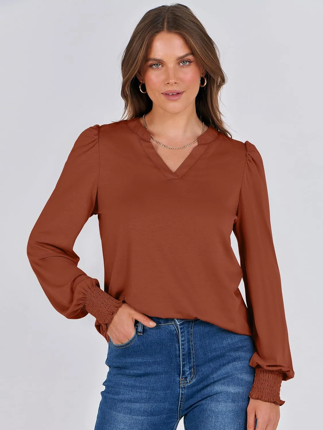 ANRABESS Women's Puff Long Sleeve Shirts V Neck Loose T-Shirts Dressy Casual Work Blouses 2024 Fall Tops Trendy Clothes