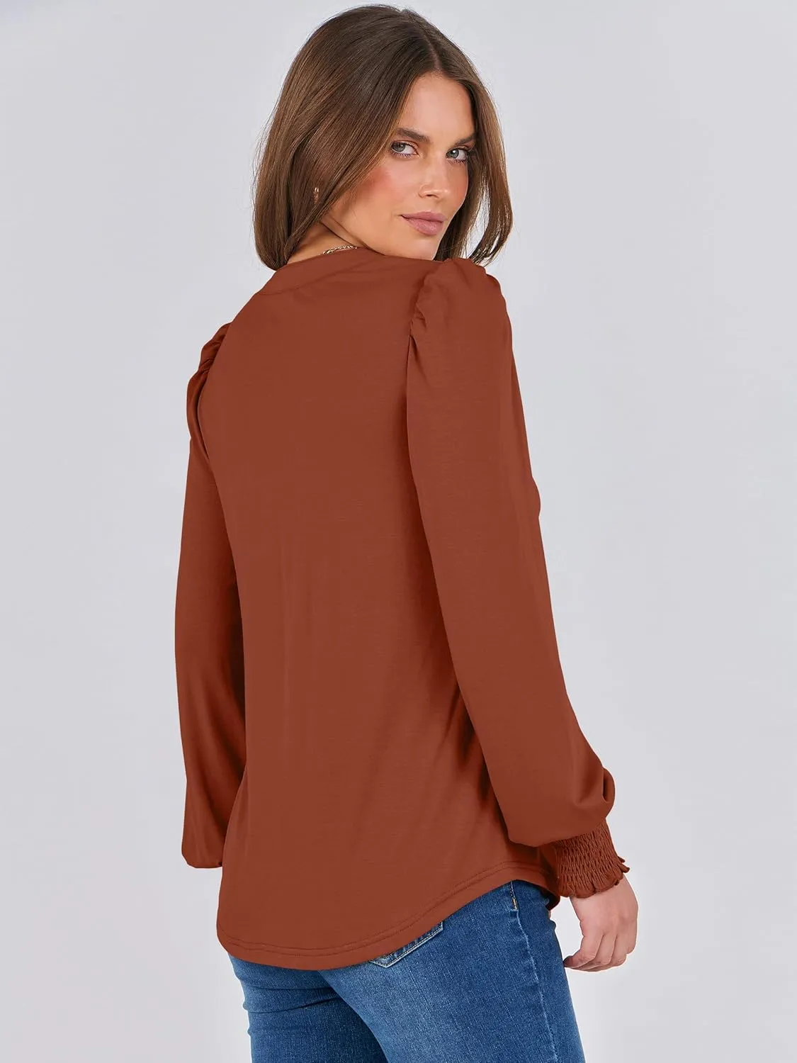 ANRABESS Women's Puff Long Sleeve Shirts V Neck Loose T-Shirts Dressy Casual Work Blouses 2024 Fall Tops Trendy Clothes