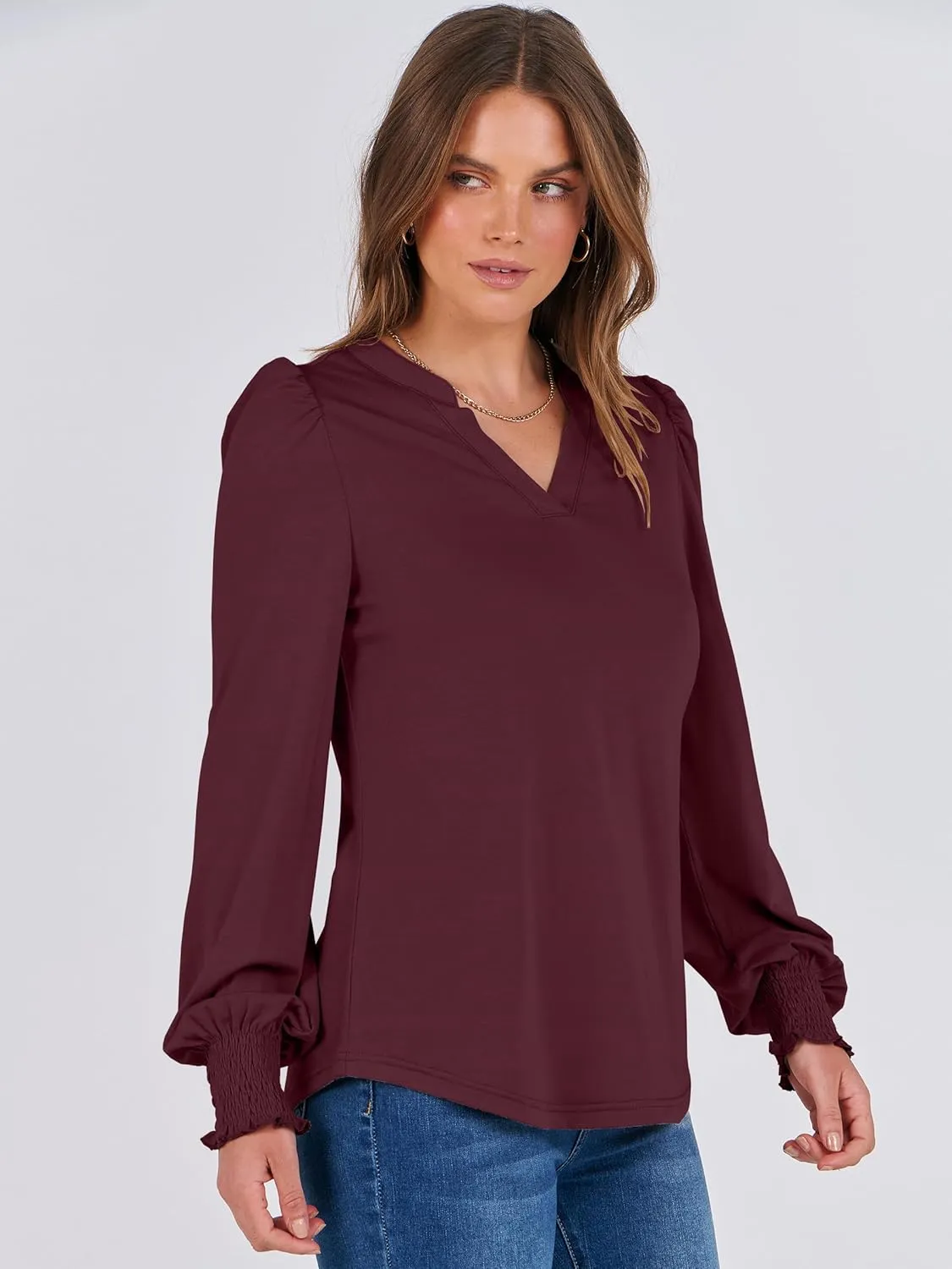 ANRABESS Women's Puff Long Sleeve Shirts V Neck Loose T-Shirts Dressy Casual Work Blouses 2024 Fall Tops Trendy Clothes