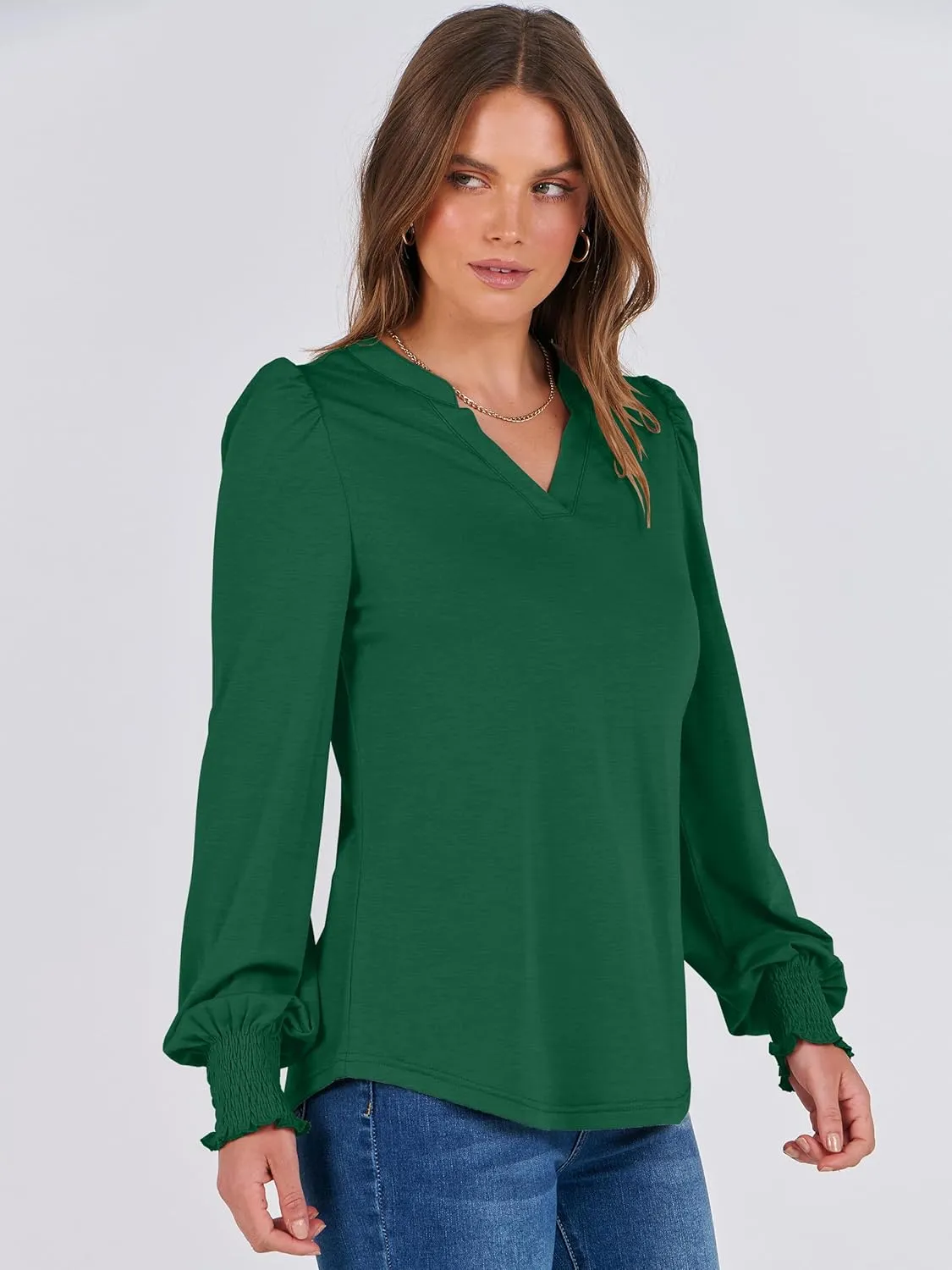 ANRABESS Women's Puff Long Sleeve Shirts V Neck Loose T-Shirts Dressy Casual Work Blouses 2024 Fall Tops Trendy Clothes