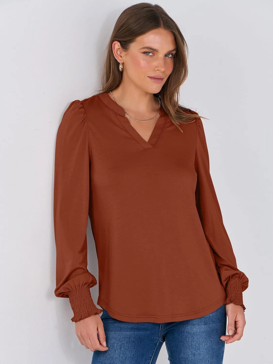 ANRABESS Women's Puff Long Sleeve Shirts V Neck Loose T-Shirts Dressy Casual Work Blouses 2024 Fall Tops Trendy Clothes