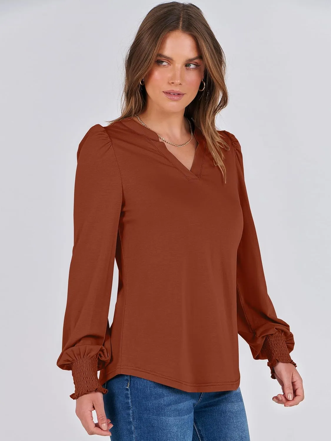 ANRABESS Women's Puff Long Sleeve Shirts V Neck Loose T-Shirts Dressy Casual Work Blouses 2024 Fall Tops Trendy Clothes