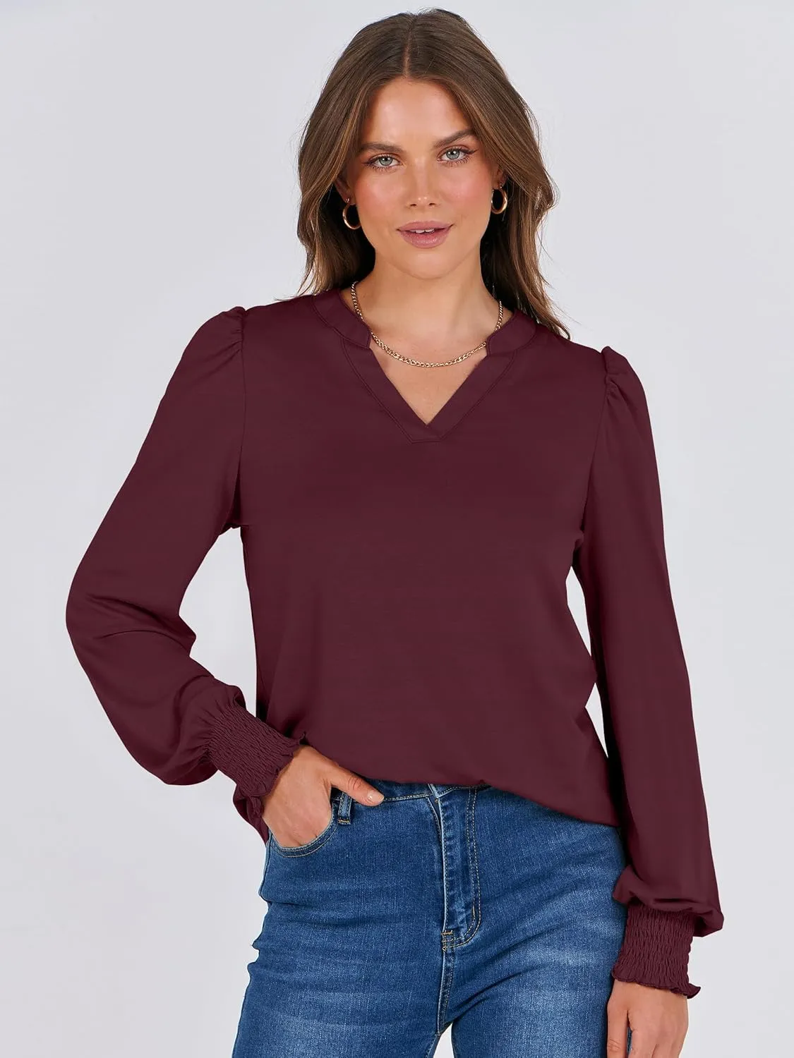 ANRABESS Women's Puff Long Sleeve Shirts V Neck Loose T-Shirts Dressy Casual Work Blouses 2024 Fall Tops Trendy Clothes