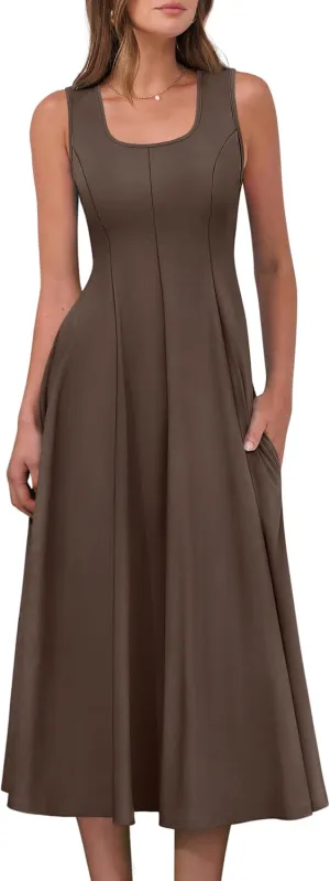 ANRABESS Womens Summer Casual Sleeveless Midi Dresses Scoop Neck Fit & Flare A-Line Flowy Long Sundress Beach Outfits