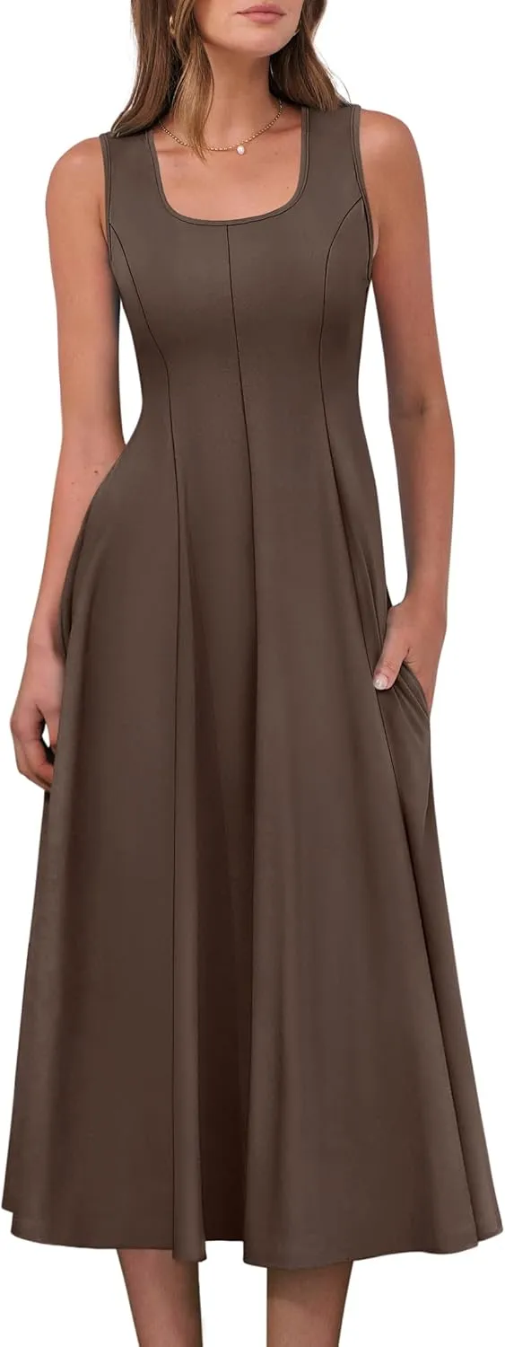 ANRABESS Womens Summer Casual Sleeveless Midi Dresses Scoop Neck Fit & Flare A-Line Flowy Long Sundress Beach Outfits