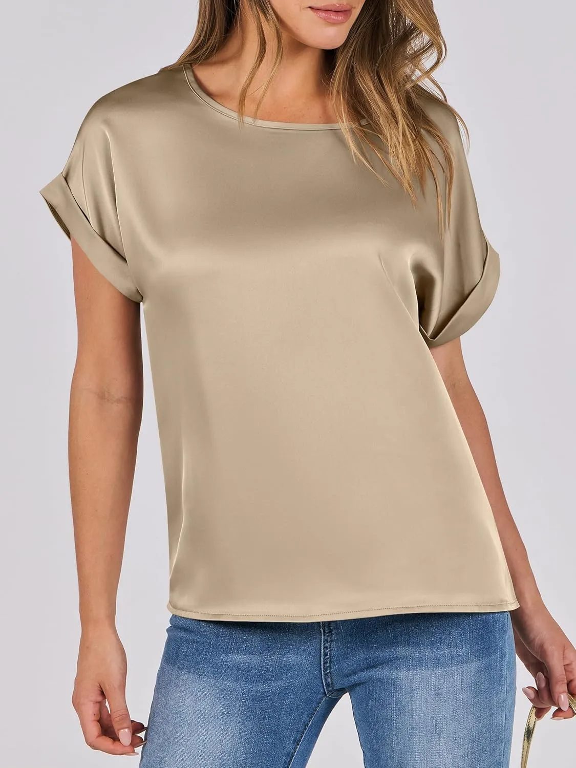 ANRABESS Women's Summer Dressy Casual Short Sleeve Shirts Crewneck Silk Satin Business Office Work Blouse Tops