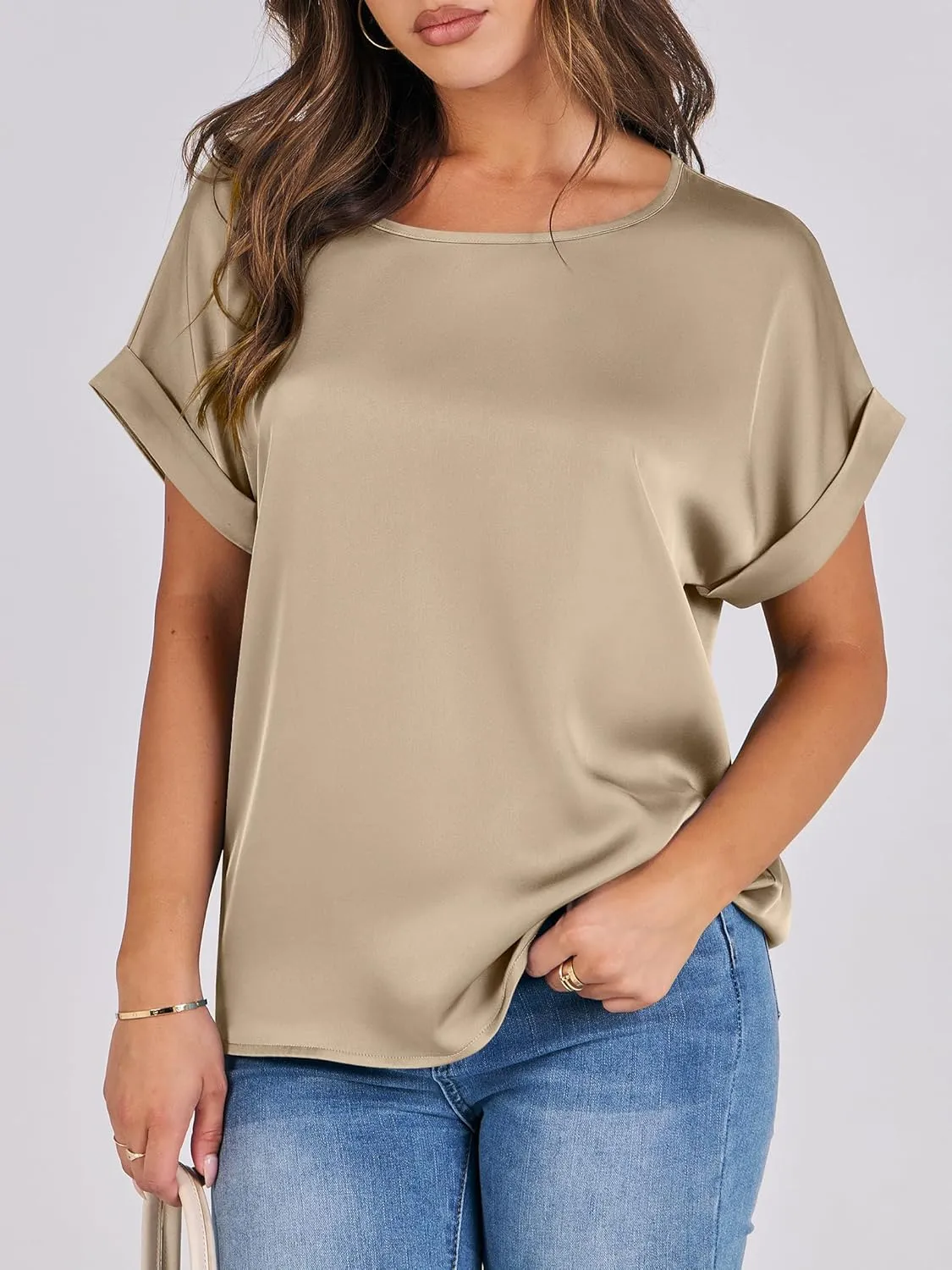 ANRABESS Women's Summer Dressy Casual Short Sleeve Shirts Crewneck Silk Satin Business Office Work Blouse Tops