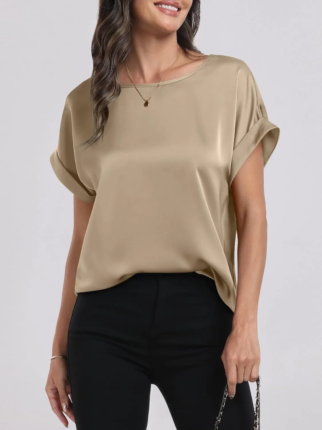 ANRABESS Women's Summer Dressy Casual Short Sleeve Shirts Crewneck Silk Satin Business Office Work Blouse Tops