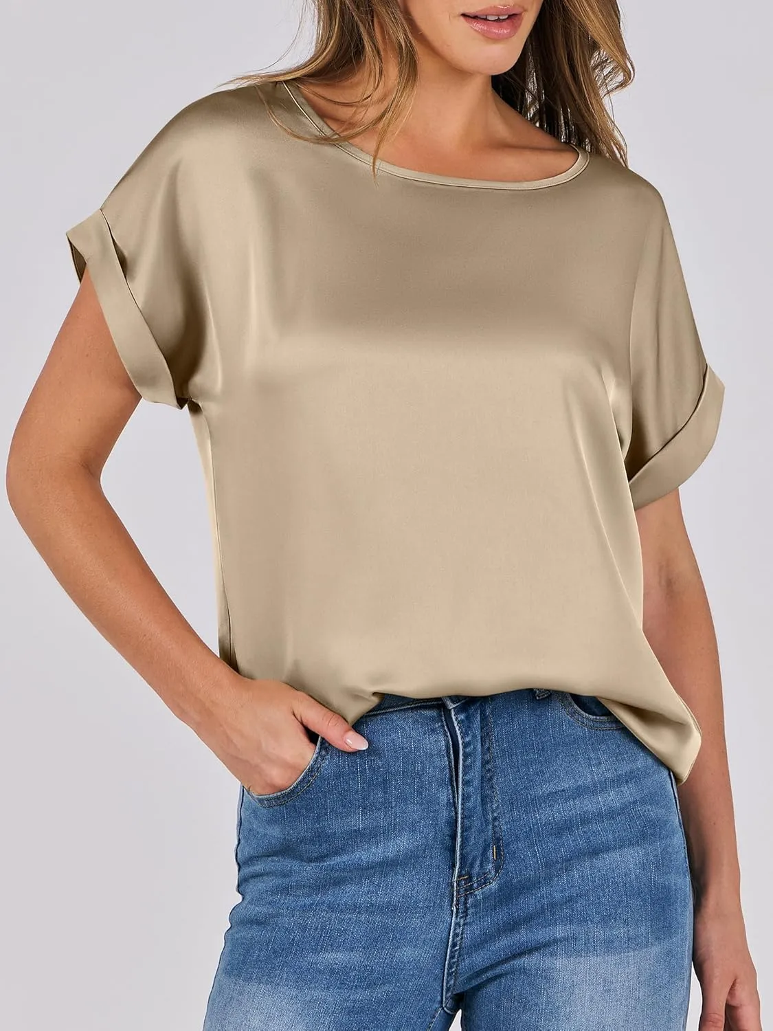 ANRABESS Women's Summer Dressy Casual Short Sleeve Shirts Crewneck Silk Satin Business Office Work Blouse Tops