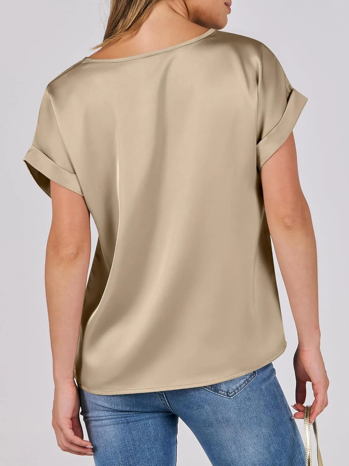 ANRABESS Women's Summer Dressy Casual Short Sleeve Shirts Crewneck Silk Satin Business Office Work Blouse Tops