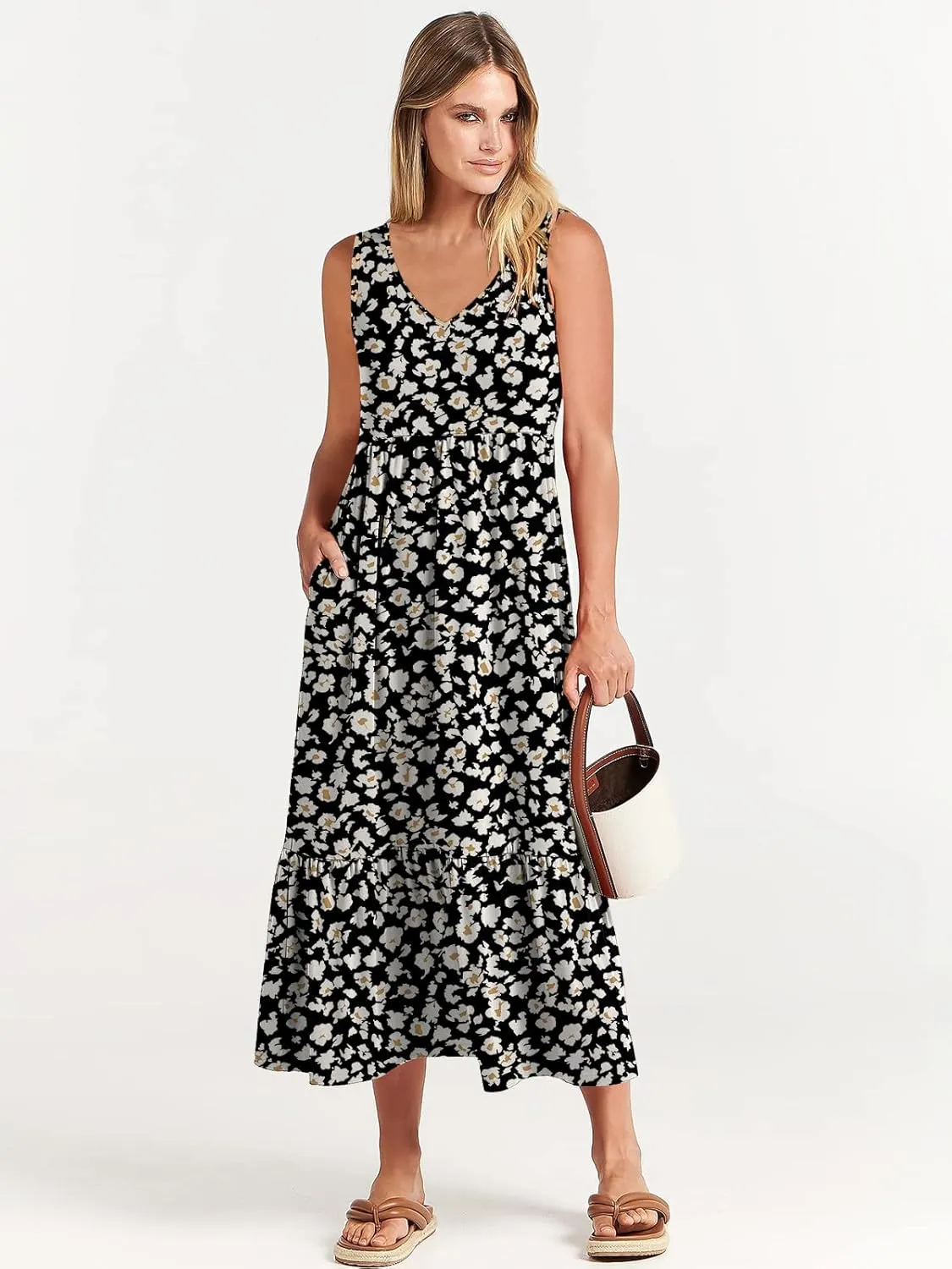 ANRABESS Womens Summer Maxi Dresses Fit & Flare Flowy V Neck Sleeveless Swing Casual Tiered Beach Sundress with Pockets