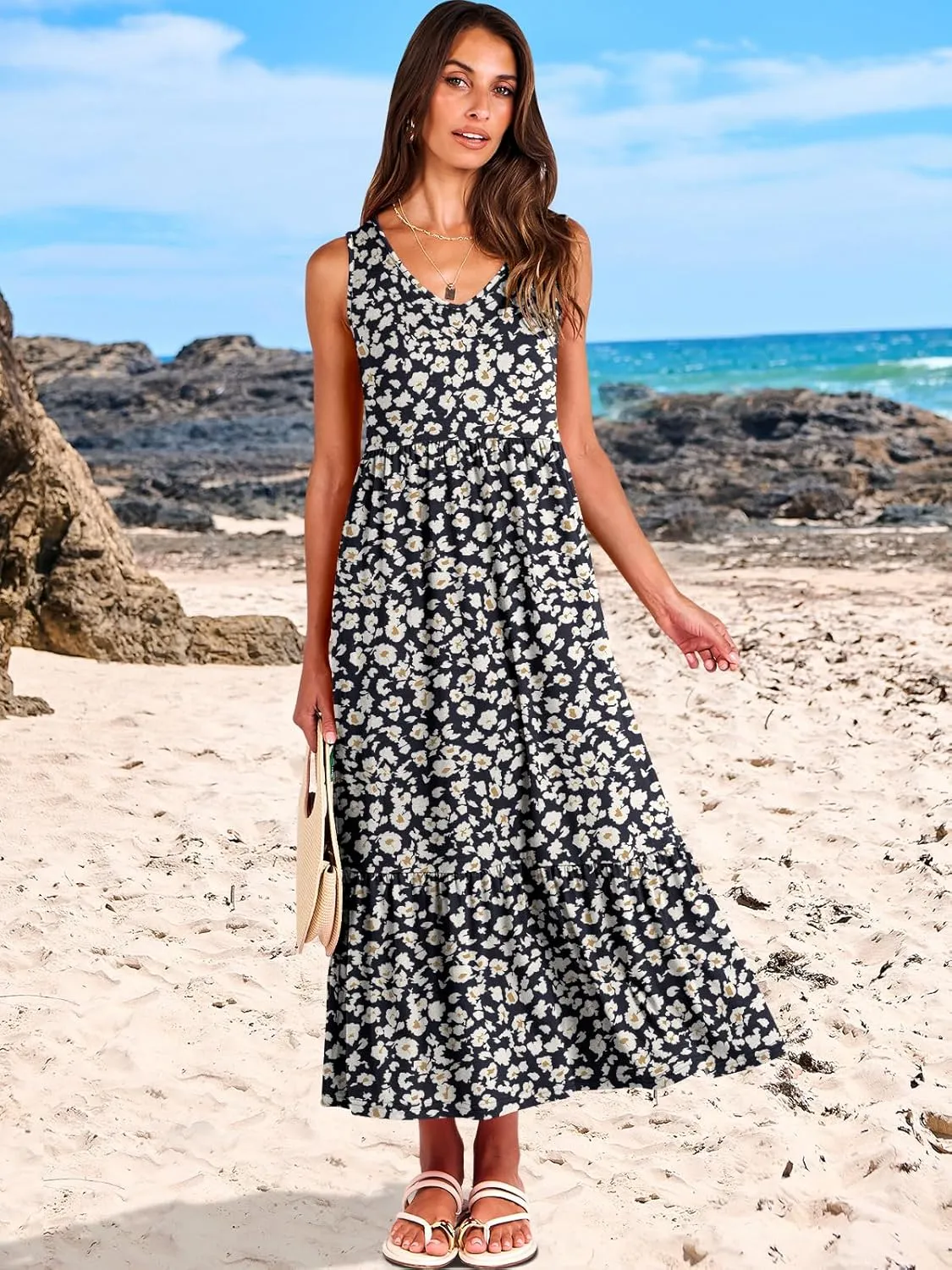 ANRABESS Womens Summer Maxi Dresses Fit & Flare Flowy V Neck Sleeveless Swing Casual Tiered Beach Sundress with Pockets
