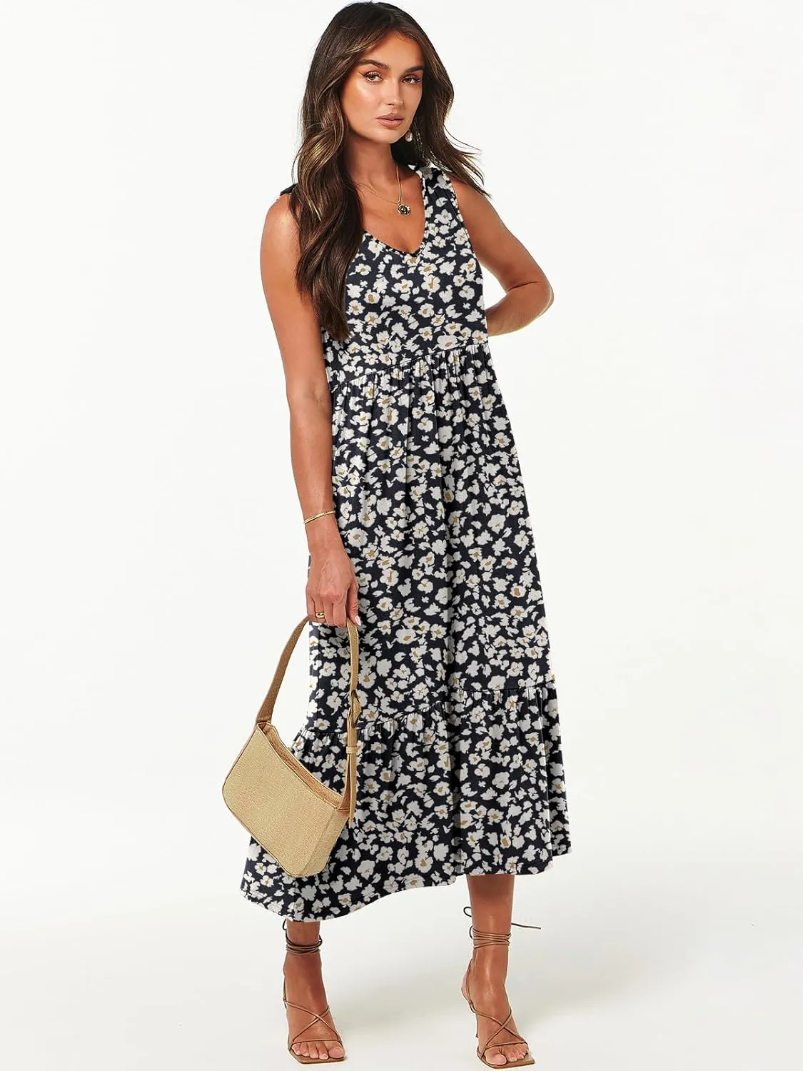 ANRABESS Womens Summer Maxi Dresses Fit & Flare Flowy V Neck Sleeveless Swing Casual Tiered Beach Sundress with Pockets