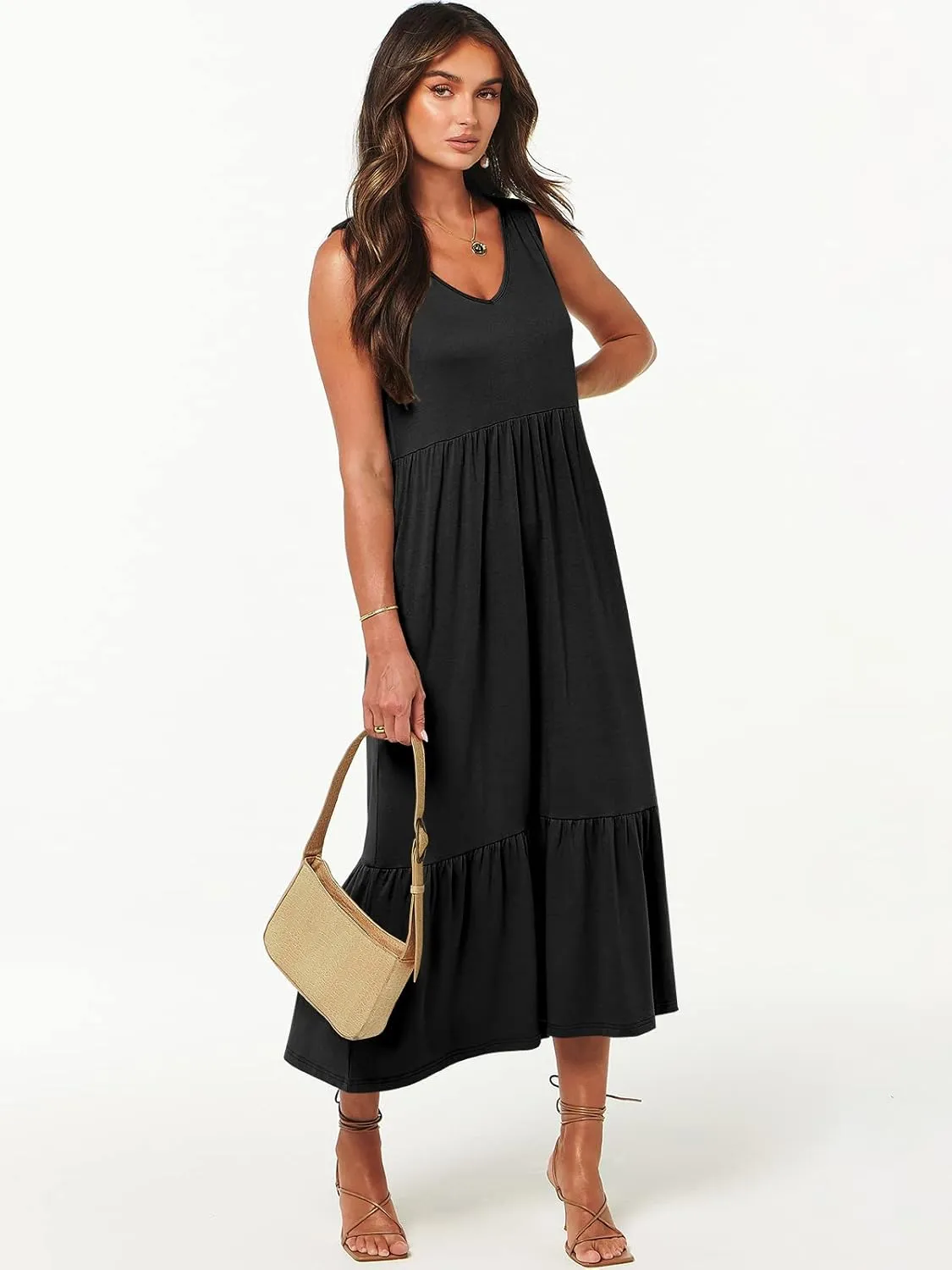 ANRABESS Womens Summer Maxi Dresses Fit & Flare Flowy V Neck Sleeveless Swing Casual Tiered Beach Sundress with Pockets