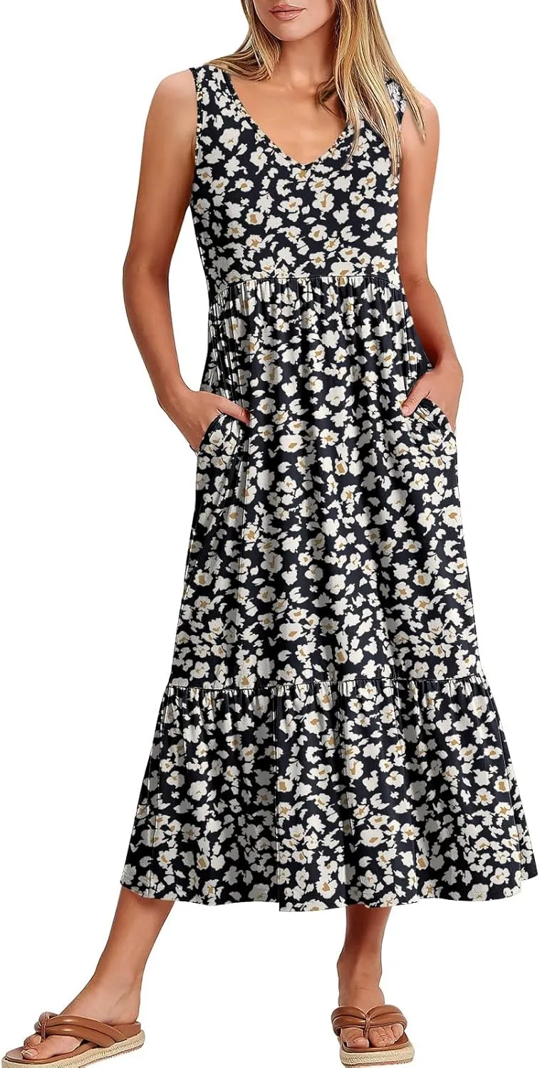 ANRABESS Womens Summer Maxi Dresses Fit & Flare Flowy V Neck Sleeveless Swing Casual Tiered Beach Sundress with Pockets