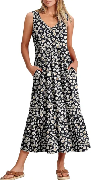 ANRABESS Womens Summer Maxi Dresses Fit & Flare Flowy V Neck Sleeveless Swing Casual Tiered Beach Sundress with Pockets