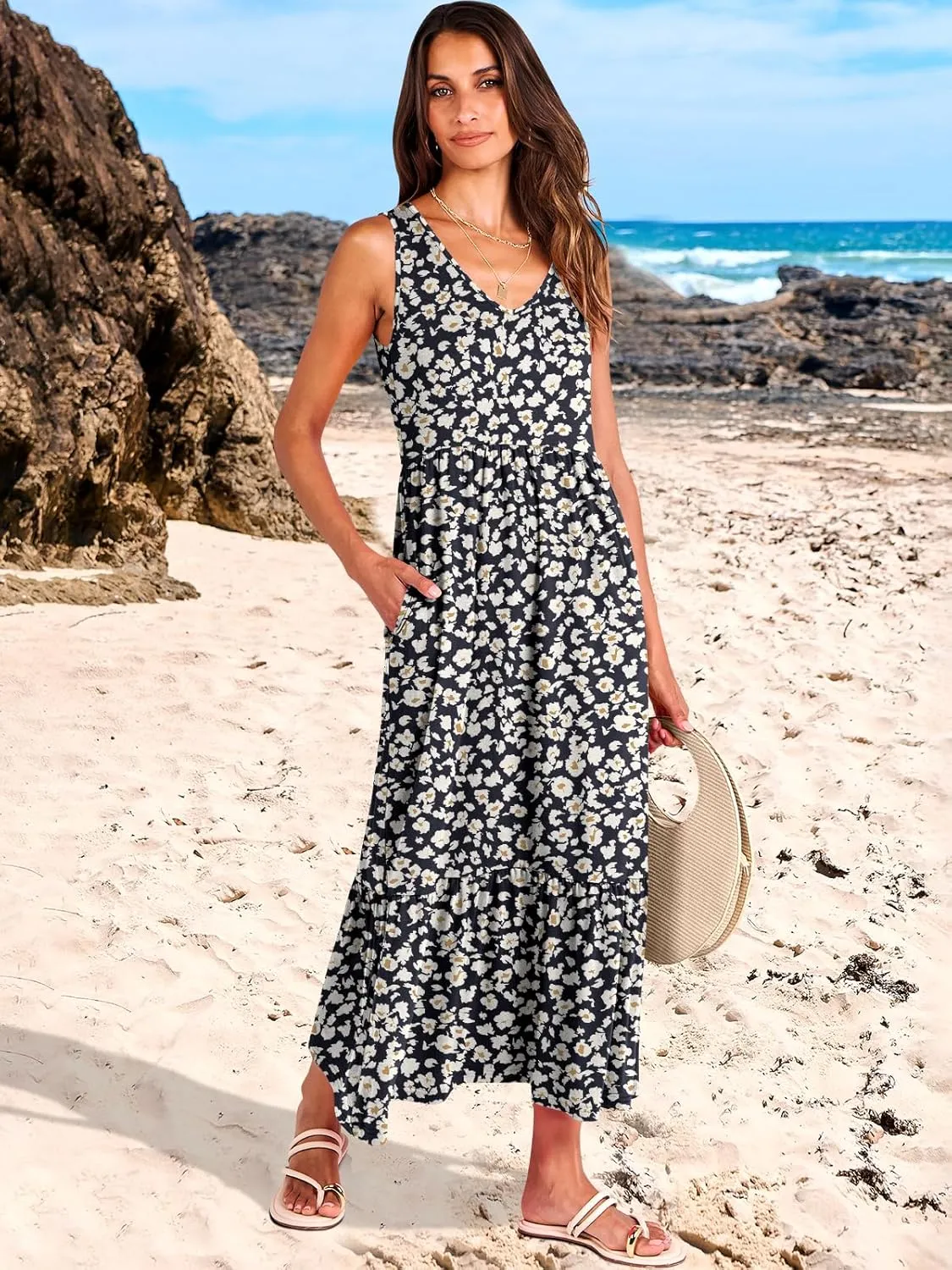 ANRABESS Womens Summer Maxi Dresses Fit & Flare Flowy V Neck Sleeveless Swing Casual Tiered Beach Sundress with Pockets