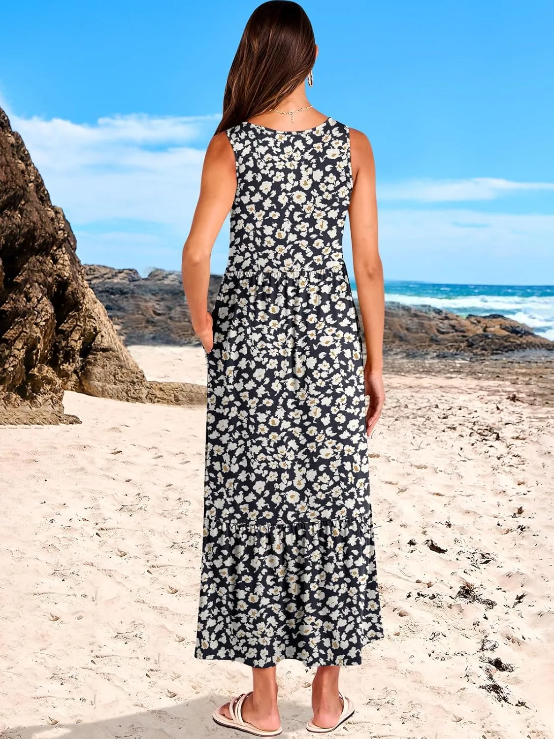 ANRABESS Womens Summer Maxi Dresses Fit & Flare Flowy V Neck Sleeveless Swing Casual Tiered Beach Sundress with Pockets