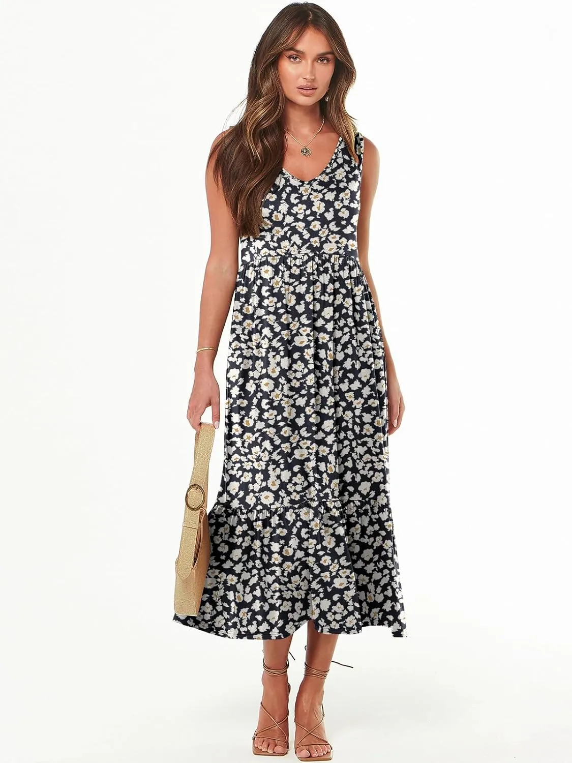 ANRABESS Womens Summer Maxi Dresses Fit & Flare Flowy V Neck Sleeveless Swing Casual Tiered Beach Sundress with Pockets
