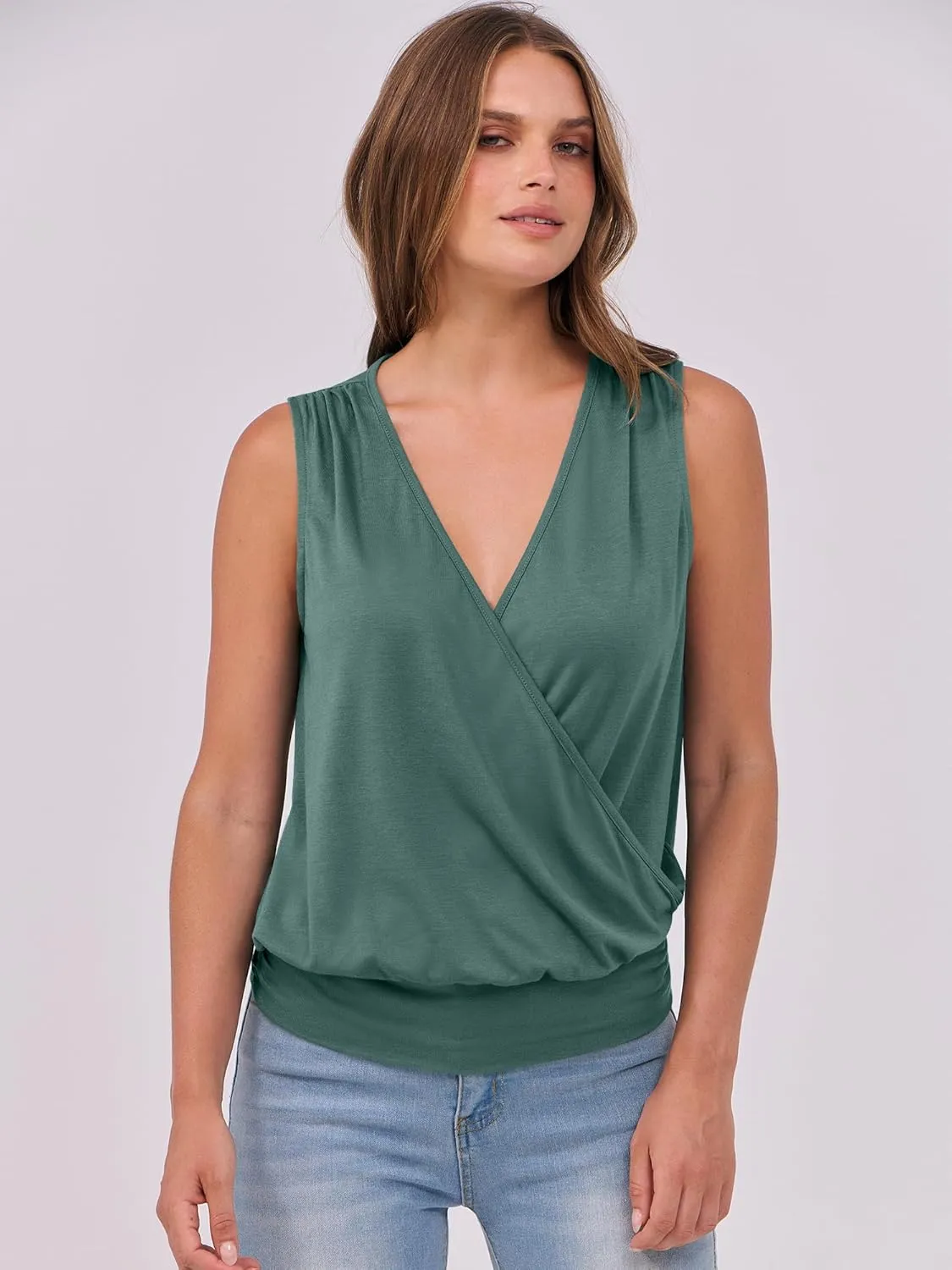 ANRABESS Womens V Neck Tank Tops Wrap Banded Hem Shirts Sleeveless Ruched Going Out Blouse 2025 Summer Fashion Clothing