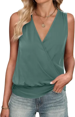 ANRABESS Womens V Neck Tank Tops Wrap Banded Hem Shirts Sleeveless Ruched Going Out Blouse 2025 Summer Fashion Clothing